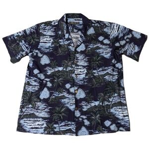FAVANT HAWAII ISLAND MAP PRINT Men XL Blue Floral Cotton Hawaiian Camp Shirt‎
